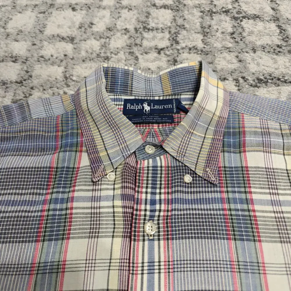 Vintage Ralph Lauren Mens XL Madras Plaid Shirt Short Sleeve Hand Woven Blue
